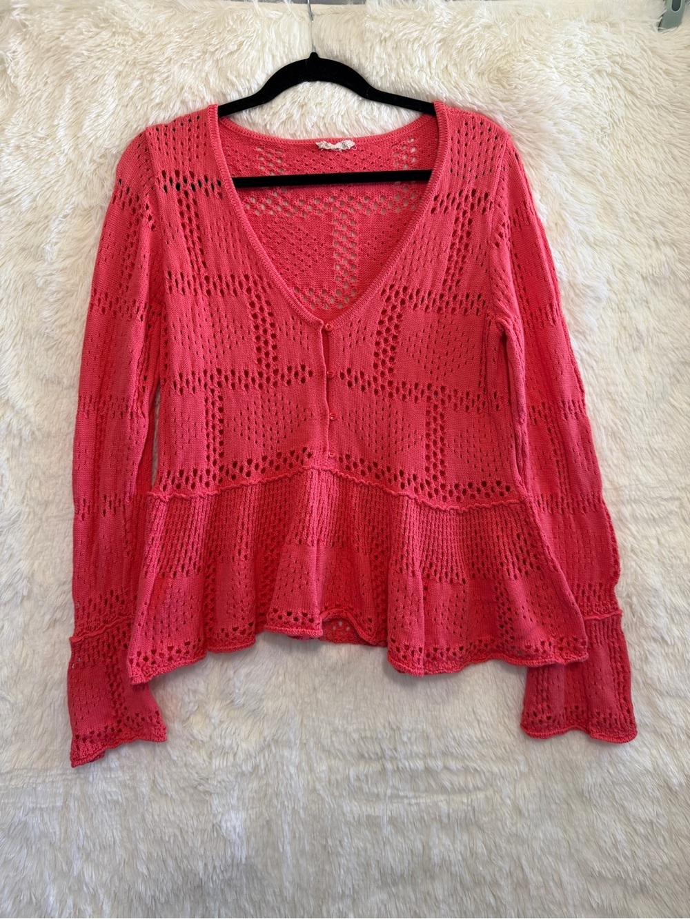 Pilcro Anthropologie Womens Boho Babydoll Pointelle Knit Sweater S Coral Peplum